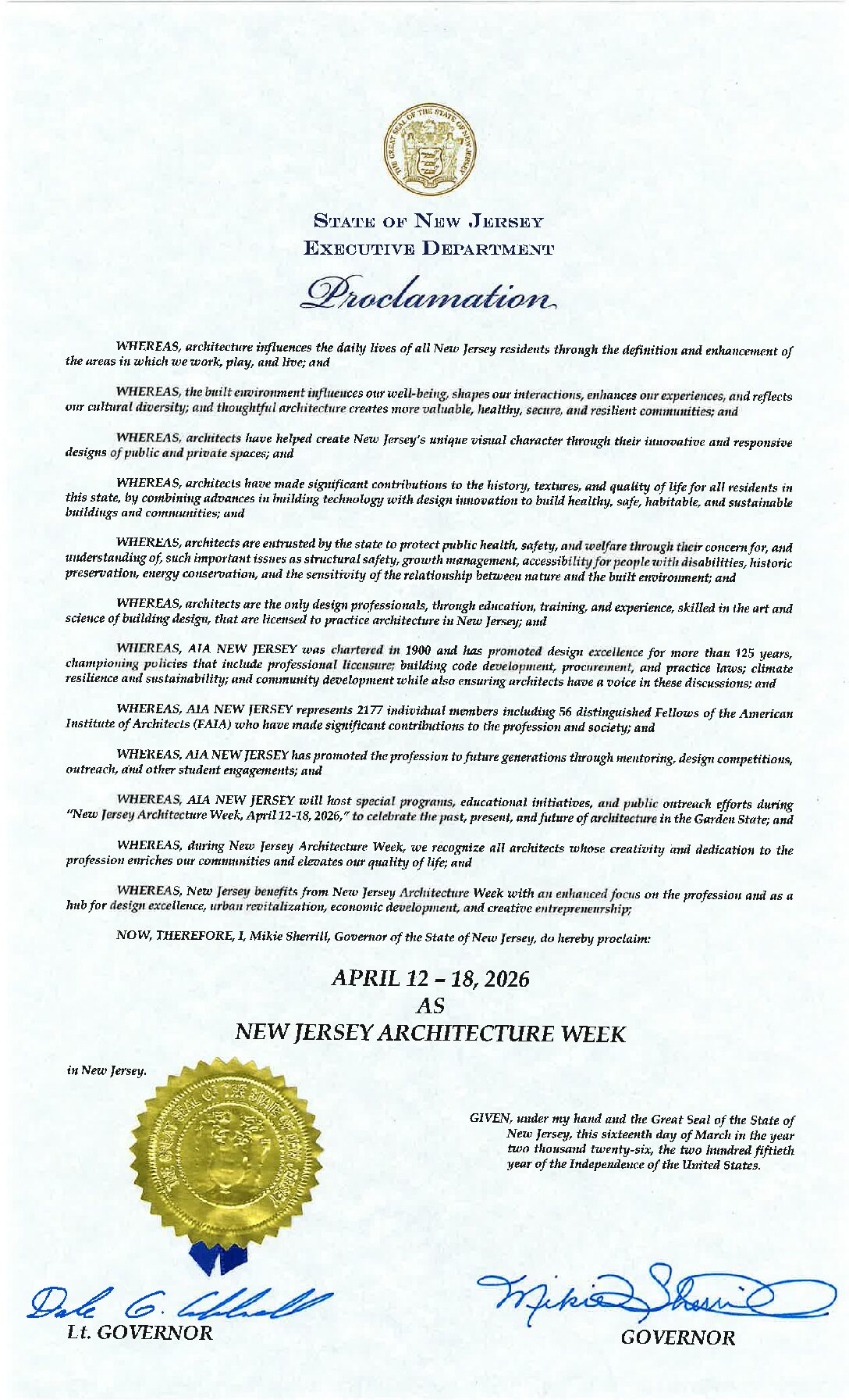 Governor Sherrill Declares April 12-18, 2026, New Jersey Architecture Week
